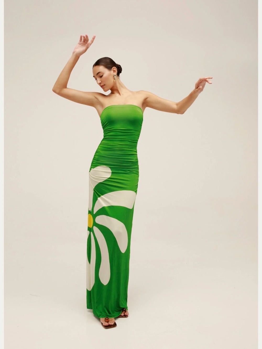 Green Strapless Ruched Maxi Dress with White Graphic Print